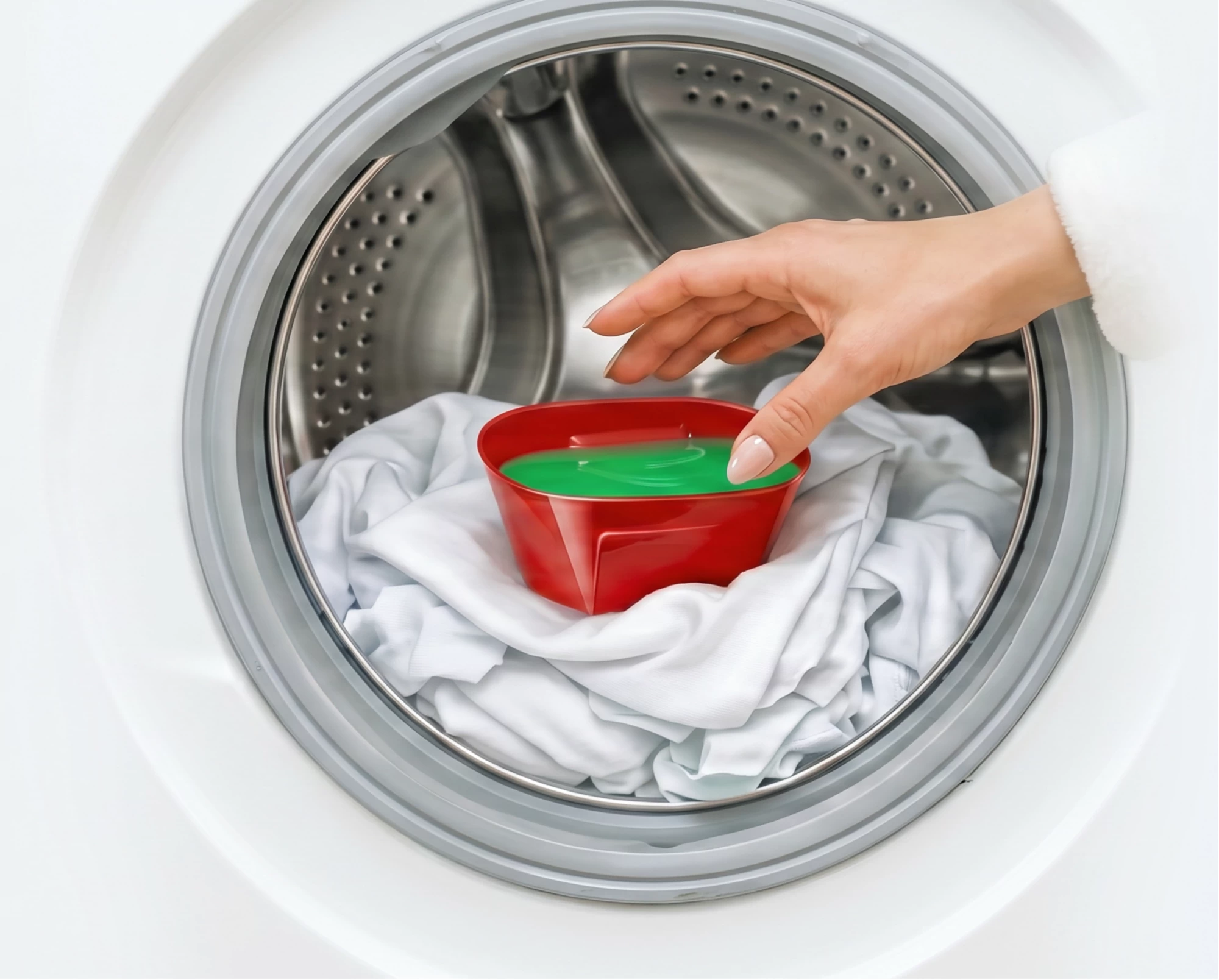 Placing the filled cap on top of the laundry inside the washing-machine drum