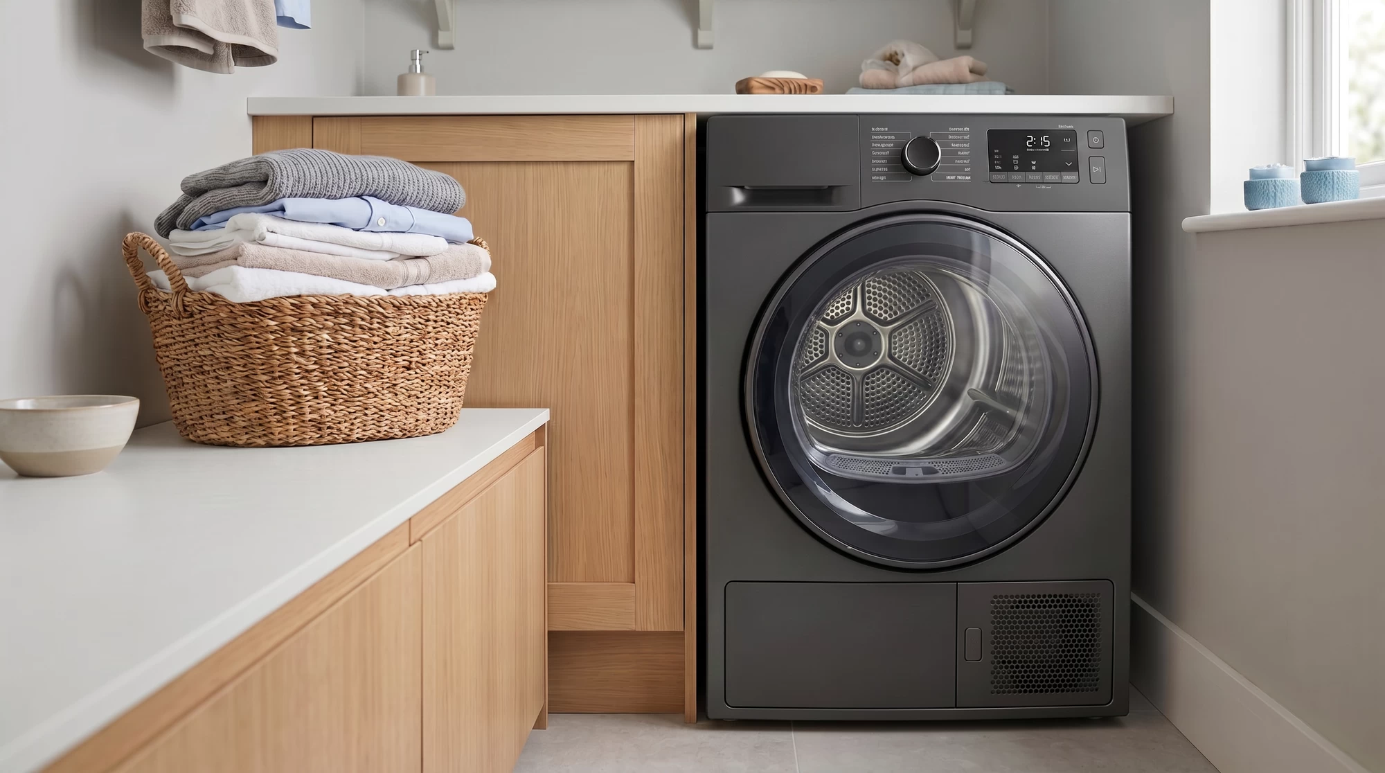 Clothes drying on a rack in a bright room