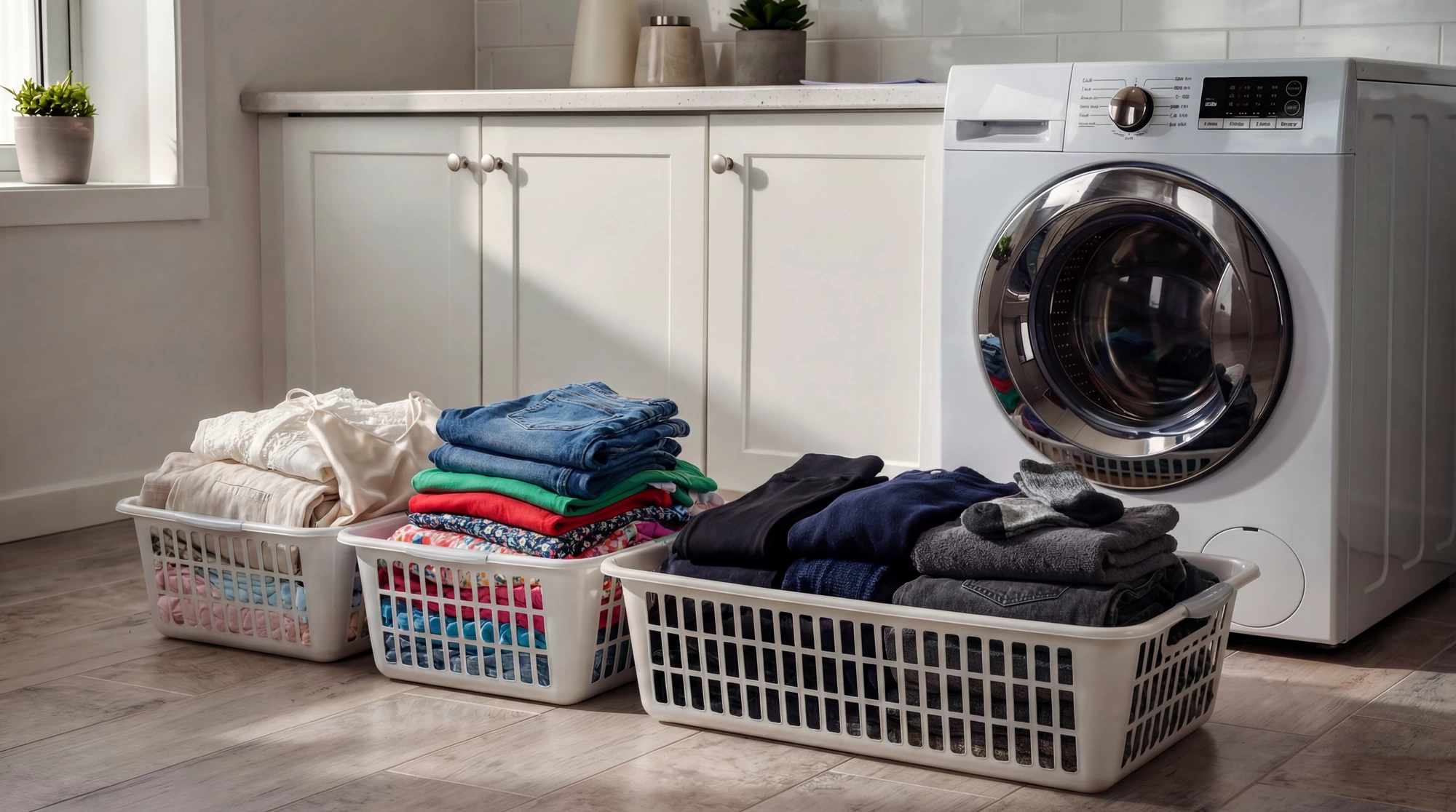 Sorted laundry in baskets beside a washing machine