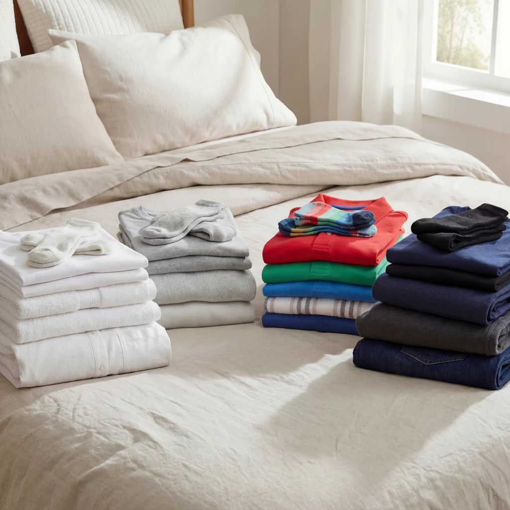Laundry sorted into whites, lights, colours, and darks
