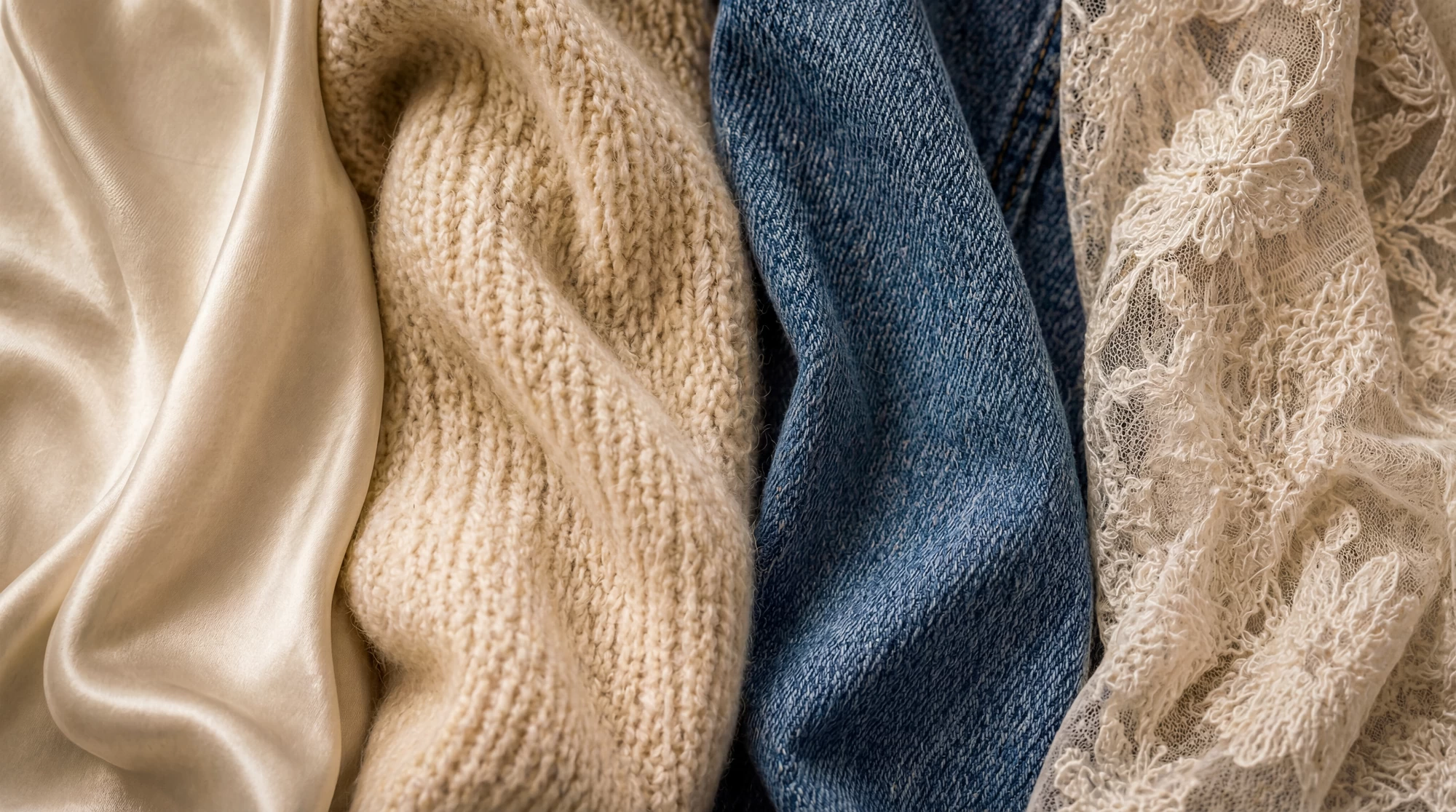 Folded silk, wool and denim garments
