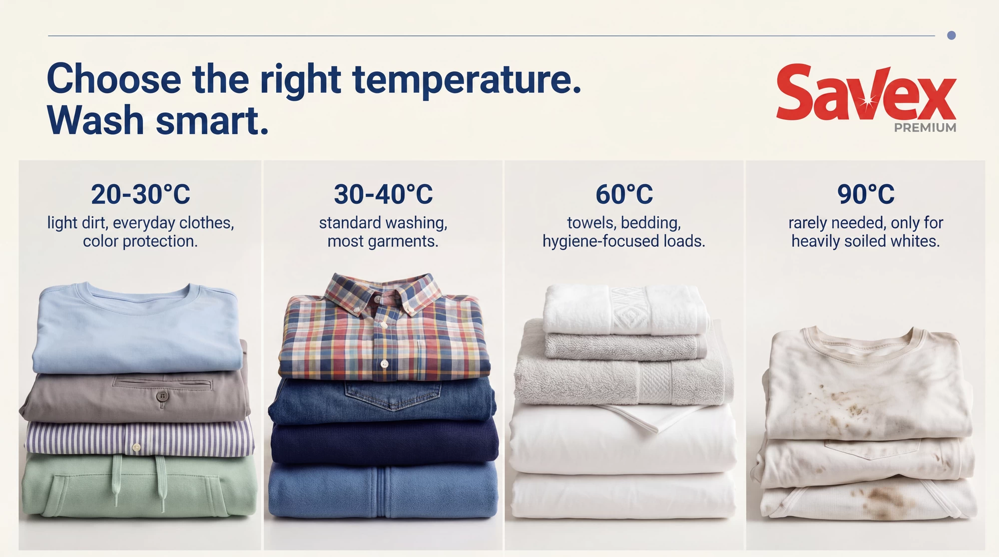 Infographic: recommended wash temperatures — 20–30°C, 30–40°C, 60°C and 90°C with example loads
