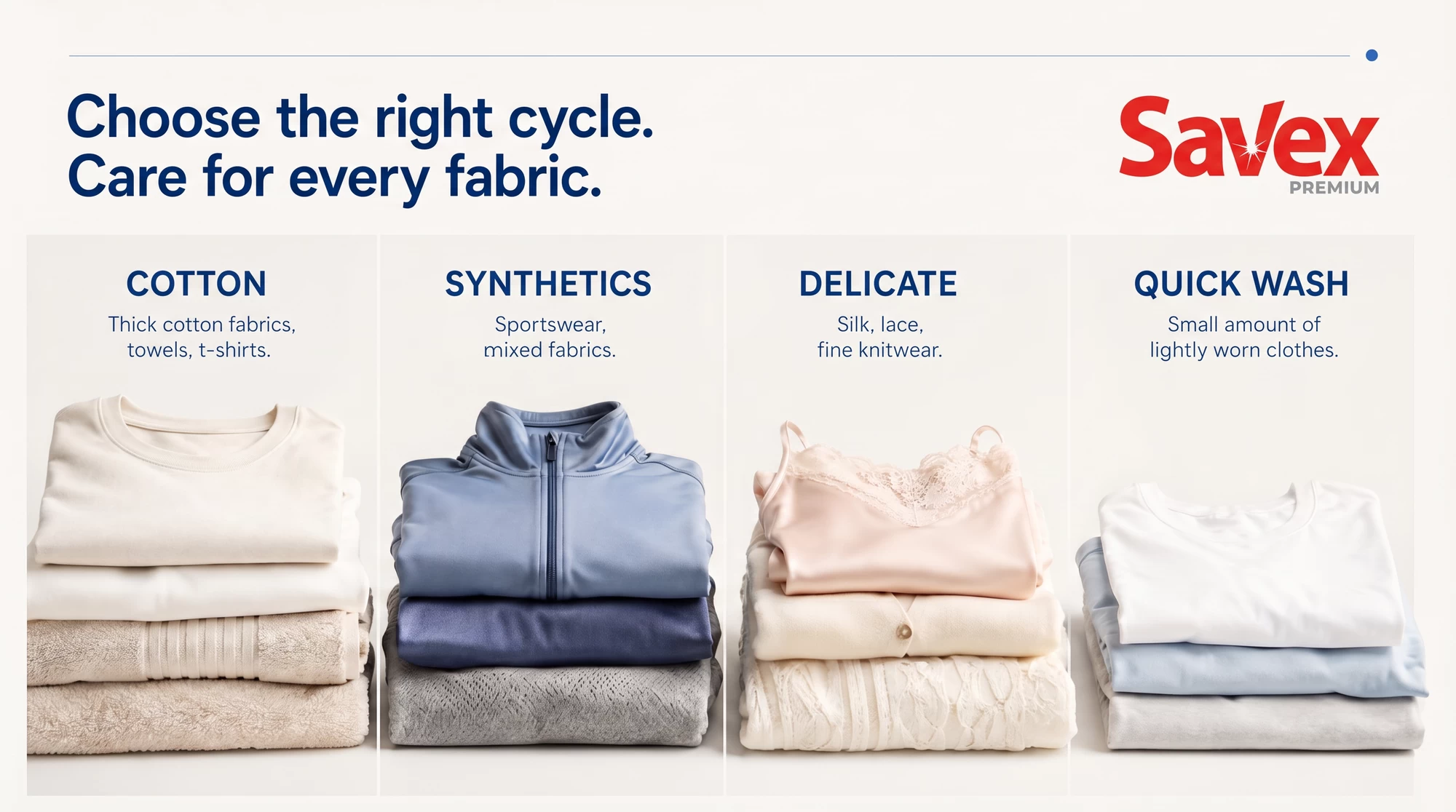 Infographic: choosing the right cycle — Cotton, Synthetics, Delicate and Quick Wash with example fabrics