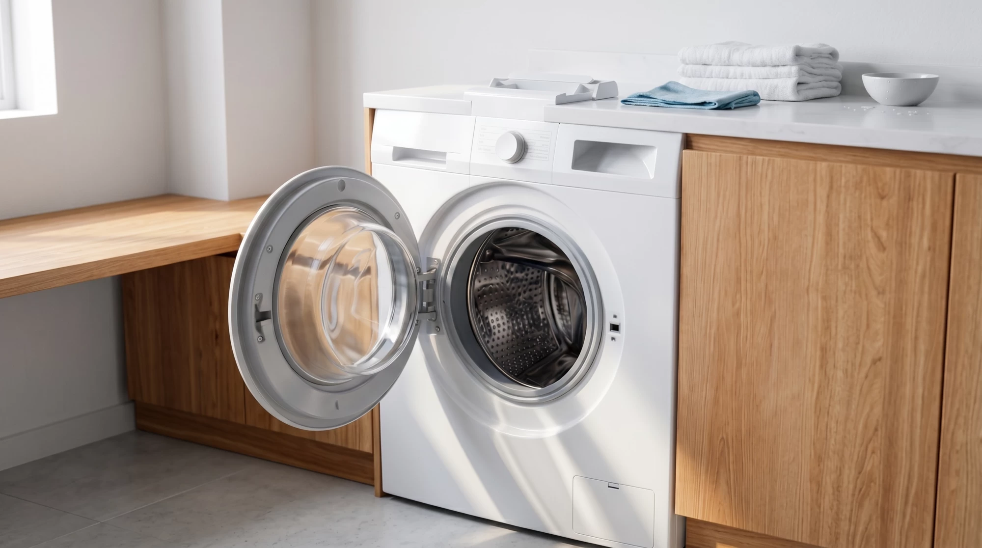 A clean modern washing machine in a bright laundry room